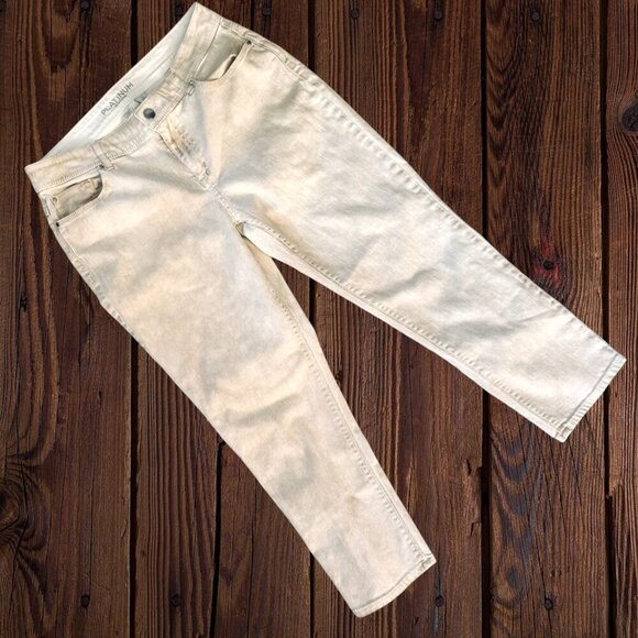 CHICO'S White Stretch Denim Metallic Gold Coated Holiday Jeans Pants 8-10 Size 1 - Picture 1 of 9